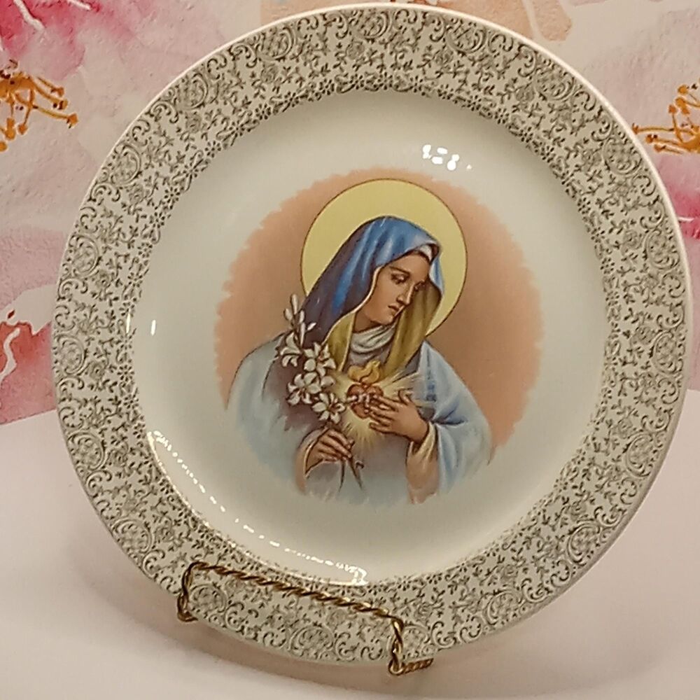 Immaculate Heart of Virgin Mary 10" Ceramic Plate Gold Rim Vintage
